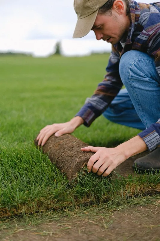 Fresh sod being laid down to establish a new lawn